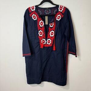 J. Crew Embroidered Beach Tunic Dress NEW Navy Red White Small Linen Cotton